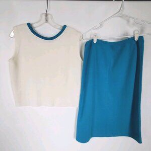 Vintage 1970s Suit Set Size Small Tank Skirt Teal White Ringer Shell